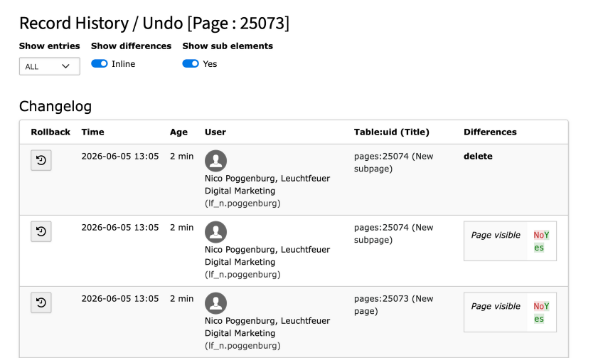 TYPO3 History / Undo
